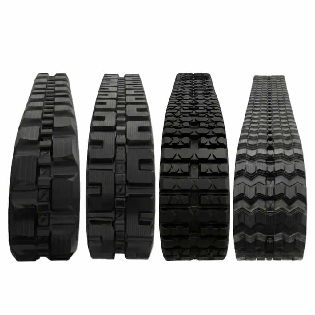 Bobcat T650 rubber track tread pattern comparison layout featuring Block, C-Block, ZigZag, and Multi-bar styles.